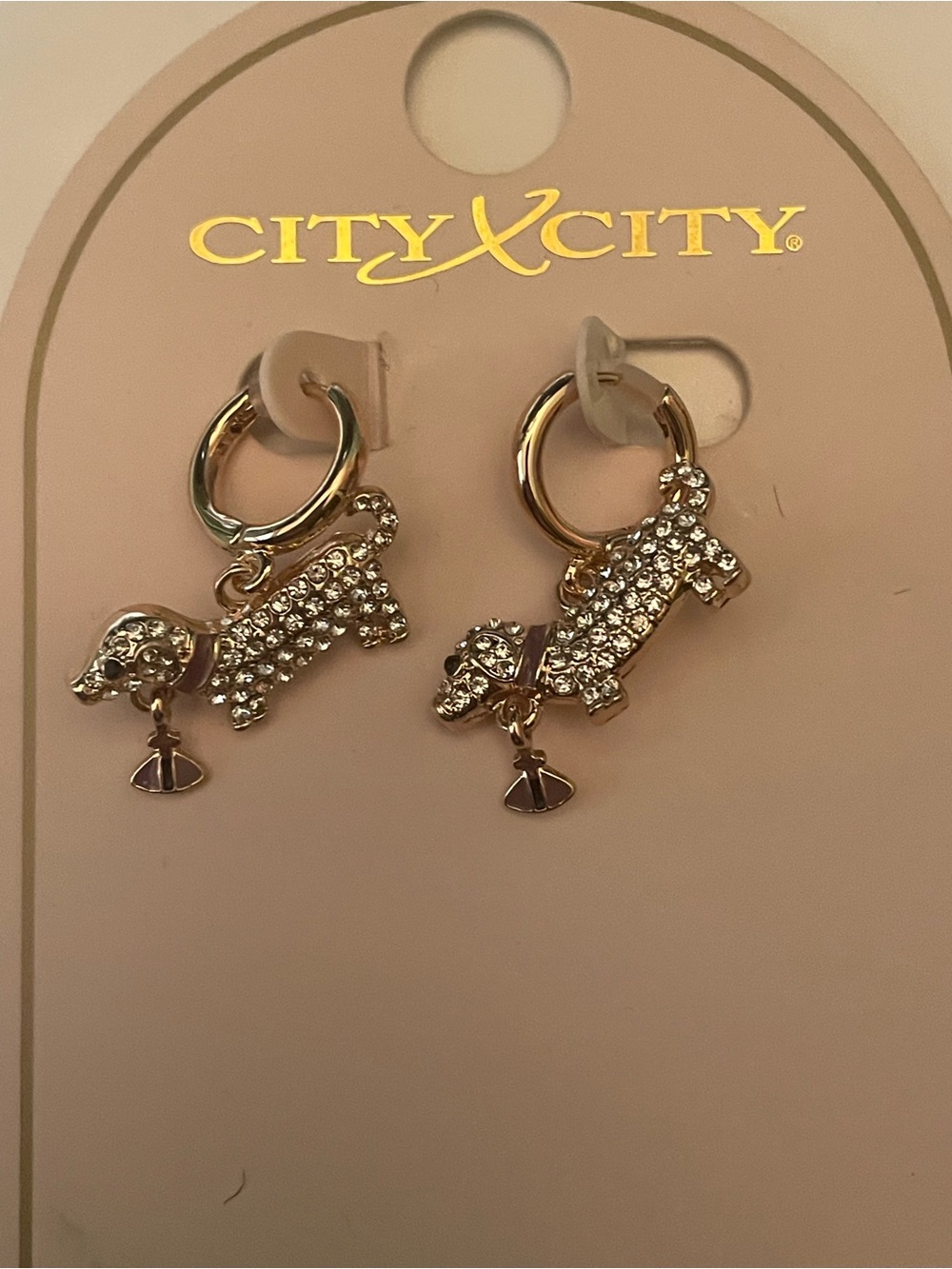 Gold Tone Crystal Dachshund Hoop Earrings
